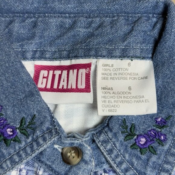Vintage Gitano Girls Shirt Size 6 Plaid Floral Denim Collar Embroidered 90s - Picture 4 of 5